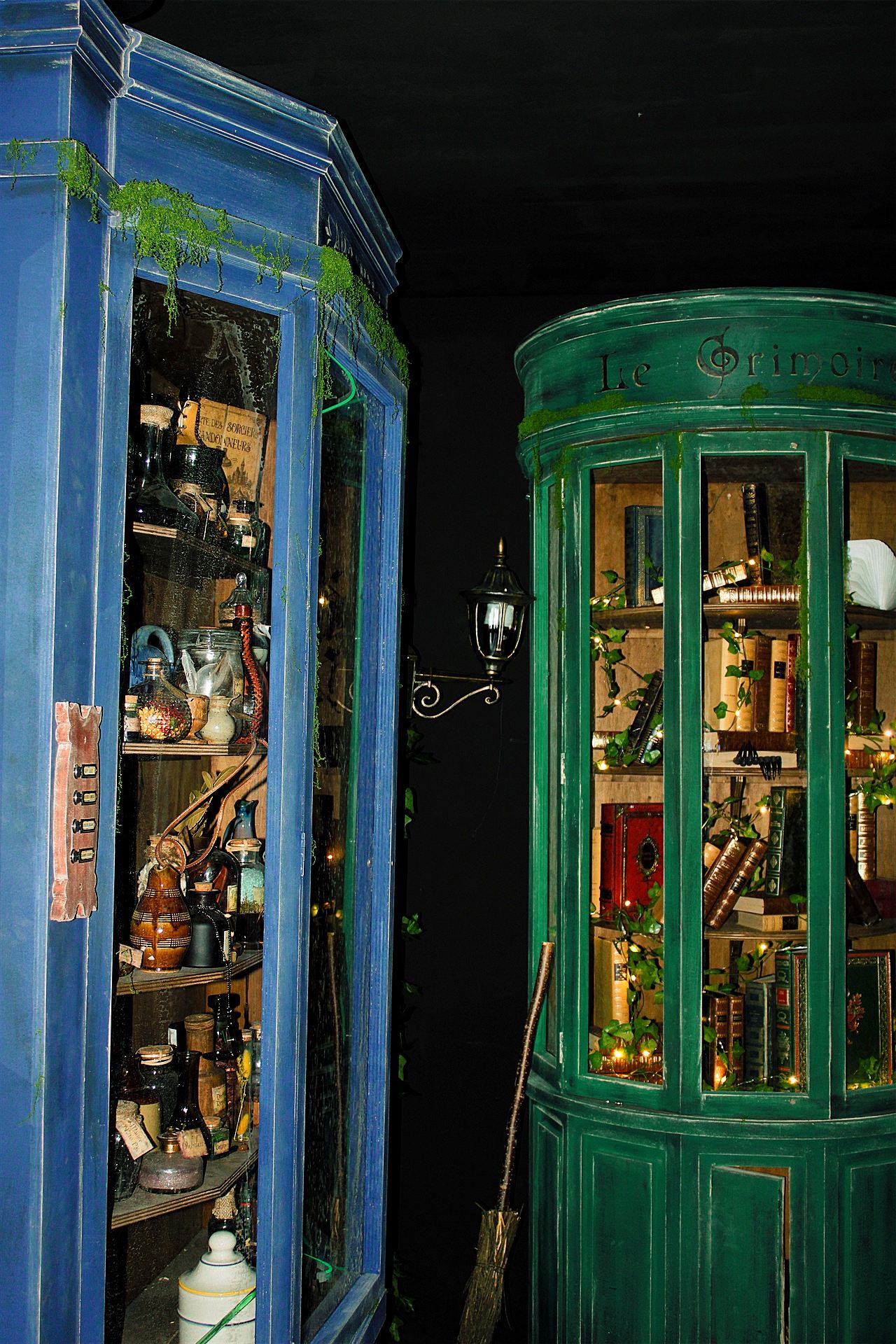 Des vitrines d'ingrédients et de grimoires
